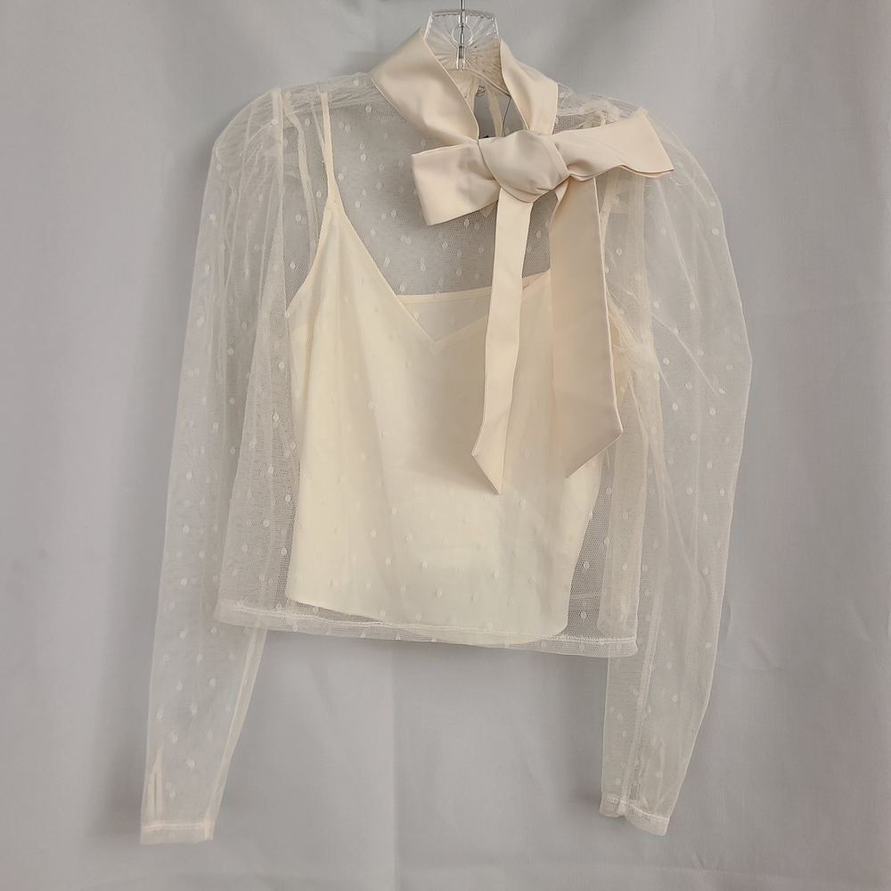 NWT Express Sz XS Ivory Sheer Neck Bow Puff Sleeve Whimsy Swiss Dot Top Tank Set